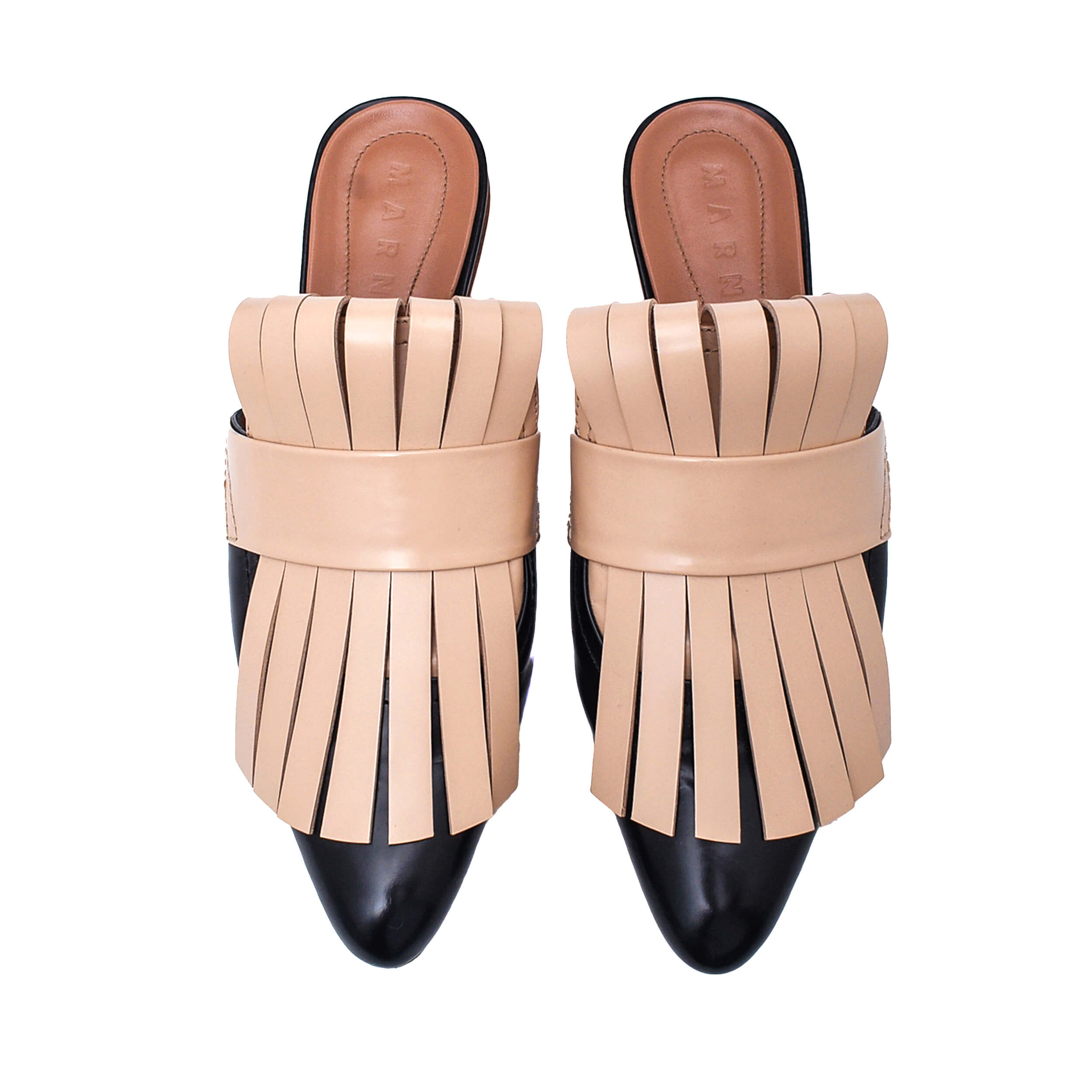 Marni - Sabot Black & Nude Fringe Leather Flat Mules / 39